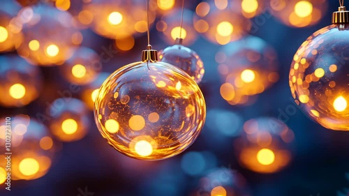 Glowing ornaments and warm lights create festive atmosphere with shimmering reflections, perfect for holiday decorations and joyful bokeh background.
