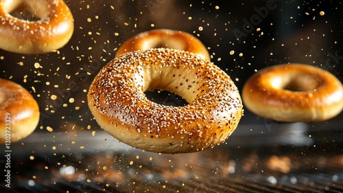 Freshly Baked Sesame Bagels Floating in Air, Showcasing Their Golden Crust and Soft Interior, Perfect Snack for Breakfast Lovers and Food Enthusiasts.