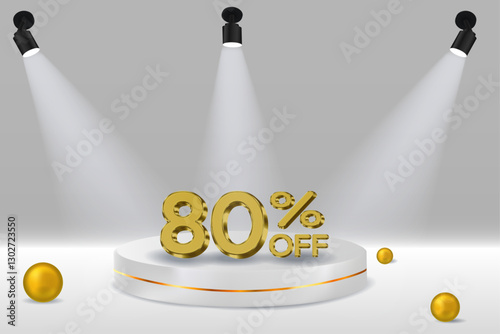 80% discount. 3D realistic golden number. white podium. Golden numbers. Template for products, advertising, web banners, flyers, certificates and postcards. Vector