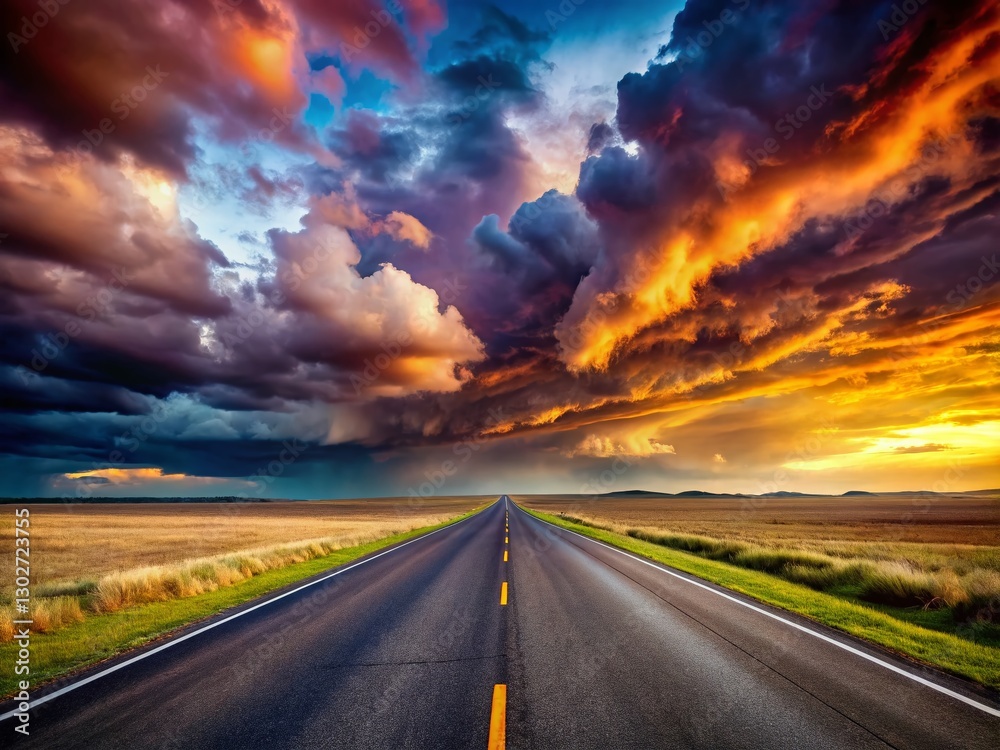 Fototapeta premium Panoramic Highway Asphalt Road Dramatic Cloudy Sky - Stunning Landscape