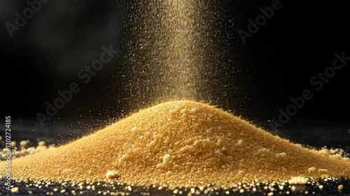 Golden sand and sugar particles create stunning mound against dark background, showcasing fine texture and shimmering grains of natures beauty.