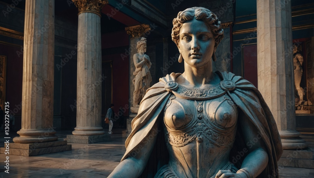 Obraz premium A beautifully crafted bust of a warrior woman in an ancient museum setting, surrounded by marble columns and statues. The intricate armor details enhance the historical ambiance