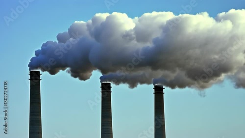 Industrial smokestacks releasing thick smoke into sky highlight pollution, emissions, and their impact on air quality and environment, raising concerns about energy and industrial practices.