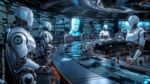 Future council of robots, discussing strategy and innovation at corporate