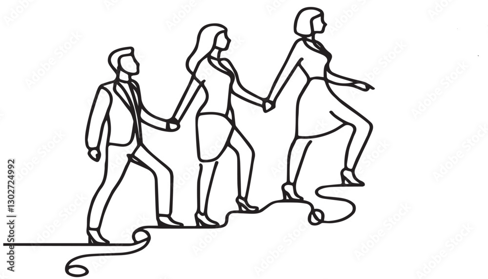 continuous line drawing of team members holding hands together following their leader vector continuous line drawing of team members holding hands together following their leader vector