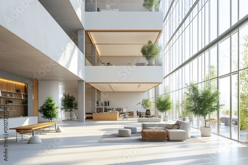 Modern office lobby with large windows and plants creating a welcoming space