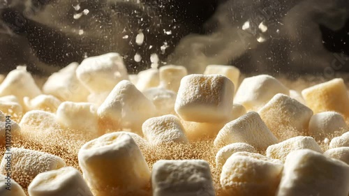 Fluffy marshmallows covered in sugar create sweet dessert scene, with soft texture and warm colors that evoke comfort and nostalgia, perfect for cooking and indulgence.