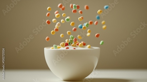 Colorful cereals falling into the milk bowl