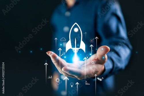 The concept of competition, business, trade, industry, and education with more competitors including AI, a businessman with an icon on her palm, arrows and rockets shooting up at, there is blue light.