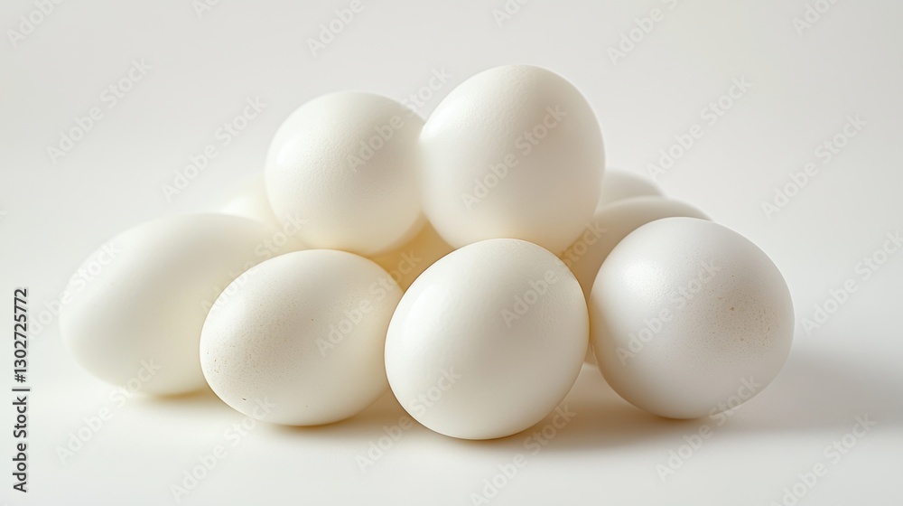 A stack of pristine white eggs arranged artistically on a clean surface, highlighting their smooth texture A stack of pristine white eggs arranged artistically on a clean surface, highlighting their smooth texture