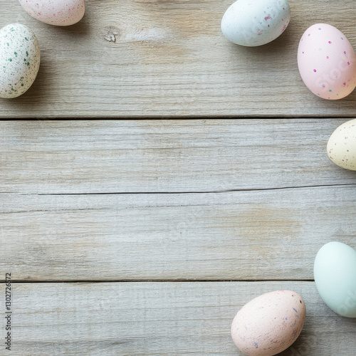 A smooth, rustic wooden flat lay surface with a few blurred pastel Easter eggs in the corners, keeping the center clean