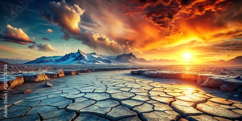 Panoramic View of a Melting Earth, Global Warming, Climate Change Disaster