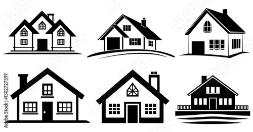 Modern house silhouettes set. Vector icons with black outlines on white background