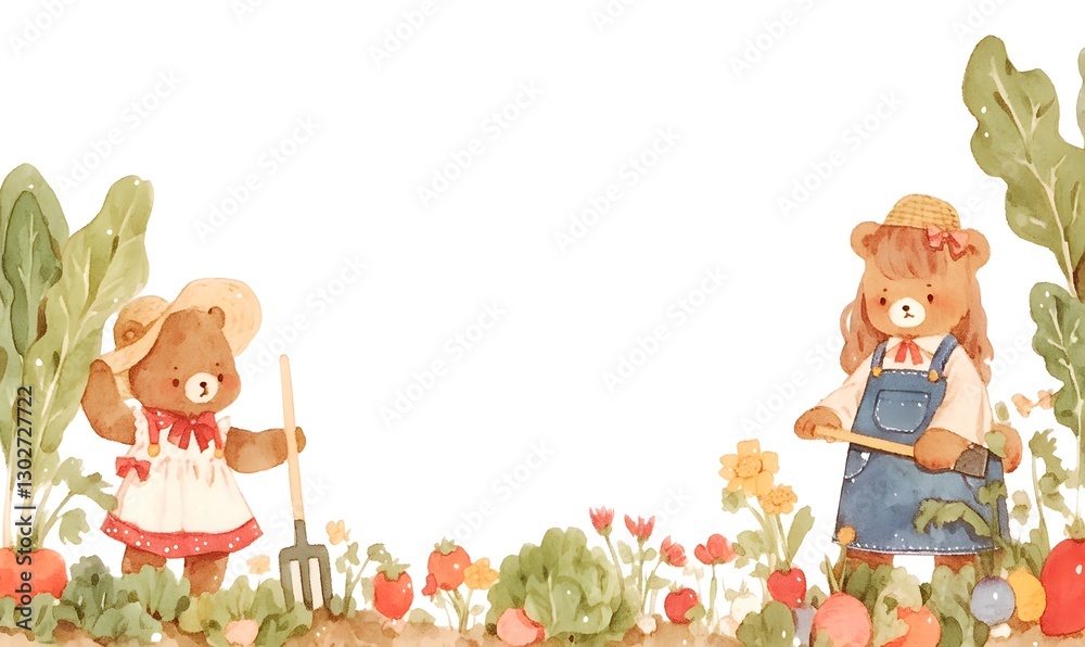 Vegetable page border with cute bear, cute little boy bear holding garden rake, cute girl bear wearing straw hat, Generative AI Vegetable page border with cute bear, cute little boy bear holding garden rake, cute girl bear wearing straw hat, Generative AI