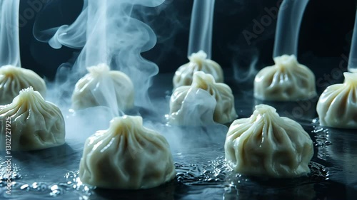 Savory Steamed Dumplings Traditional Asian Cuisine Delight with Delicate Folds and Hot Wisps of Steam Rising, Showcasing Artistry of Cooking in Every Bite.