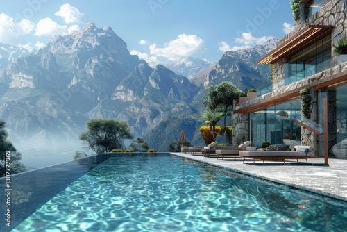 High Resolution of Luxury Hotel Resort with Pool Panorama View Mountains