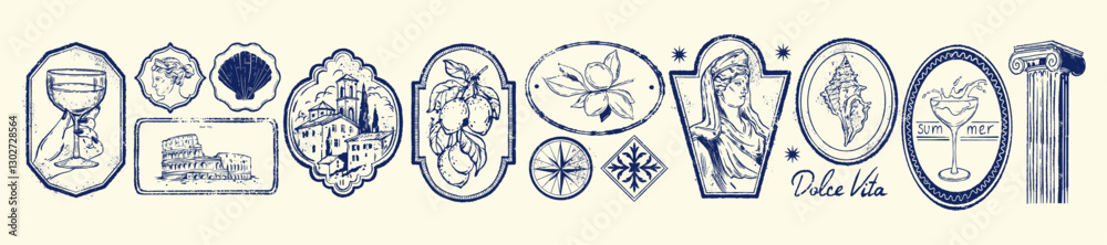 Vintage logotype Italian print set, travel postcard vector stamp, grunge summer engraving logo kit. Antique scrapbook element design, elegant texture Sicilian fruit badge. Vintage logotype frames