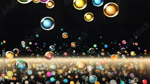Colorful bubbles floating against dark background create whimsical and vibrant atmosphere, with hues of blue, yellow, and orange enhancing joyful scene.