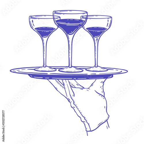 Waiter holding tray icon, hand drawn vector champagne glass line illustration, alcohol drinks order. Male arm in gloves, room service servant illustration, beverages elegant clipart. Waiter tray plate
