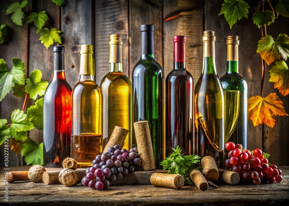 Naklejka premium Panoramic View of Wine Bottles with Corks, Rustic Winery Setting