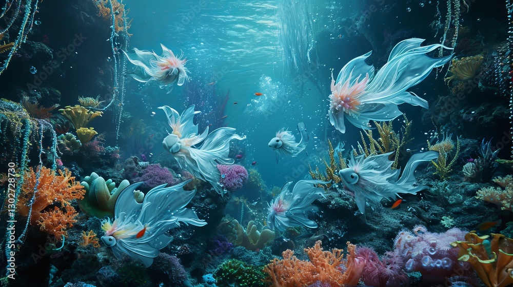 Fototapeta premium A surreal underwater tableau featuring aquatic fairies with translucent fins gracefully swimming among coral reefs. The play of bioluminescent colors scientific illustrations, merging fantasy