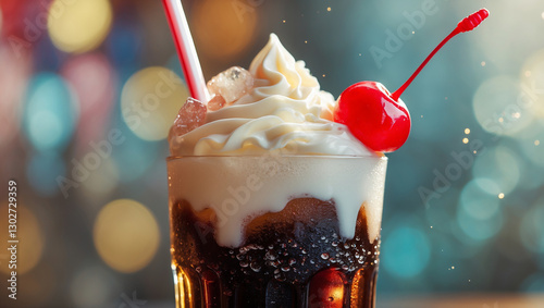 Classic cola float topped with vanilla ice cream and a red cherry, set against a bokeh background. A nostalgic soda shop favorite