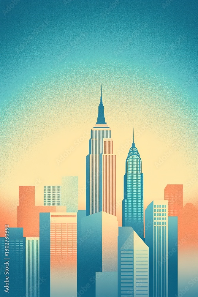 Retro cityscape at sunrise with skyline silhouette