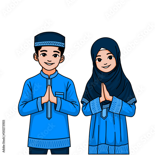 A smiling Muslim boy and girl in traditional blue attire greet with a respectful gesture. Celebrating Eid Mubarak.