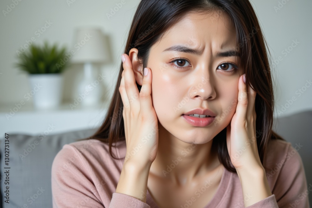 Stressed Asian Woman in Casual Home Setting Experiencing Anxiety and Discomfort with Hands on Her Face, Reflecting Emotional Turmoil and Pressure Stressed Asian Woman in Casual Home Setting Experiencing Anxiety and Discomfort with Hands on Her Face, Reflecting Emotional Turmoil and Pressure