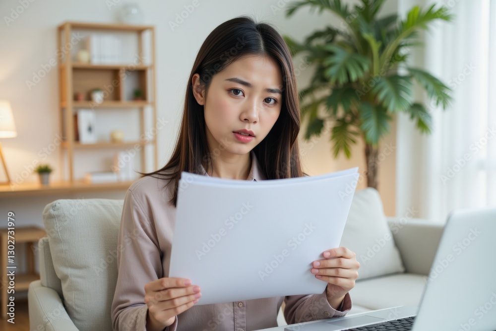 A young Asian woman in her late twenties, sitting on a couch in a bright, modern living room, thoughtfully reviewing important documents while working on her laptop A young Asian woman in her late twenties, sitting on a couch in a bright, modern living room, thoughtfully reviewing important documents while working on her laptop