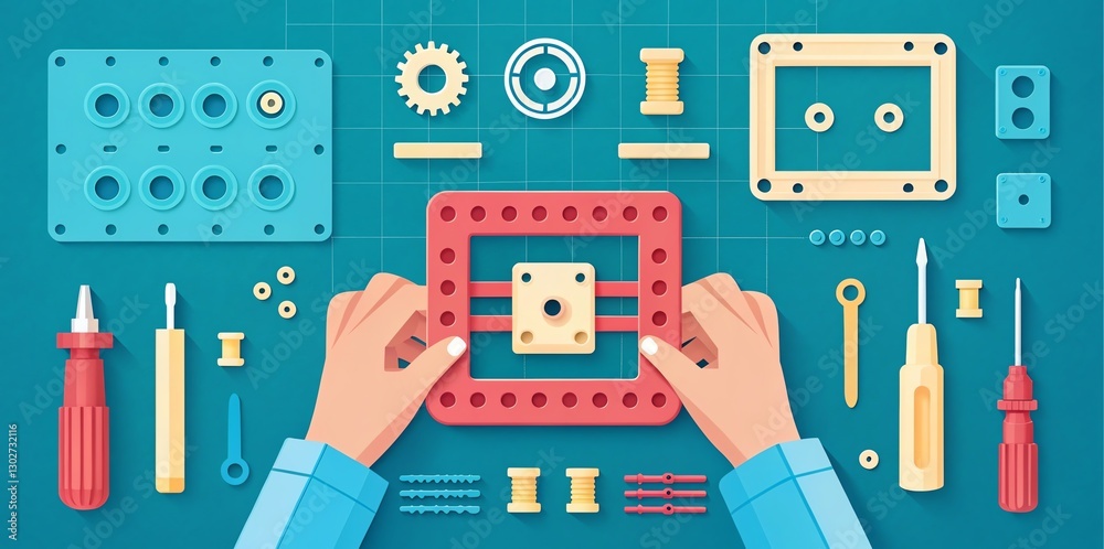 Hands assembling mechanical components, showcasing tools and gears on blueprint background.