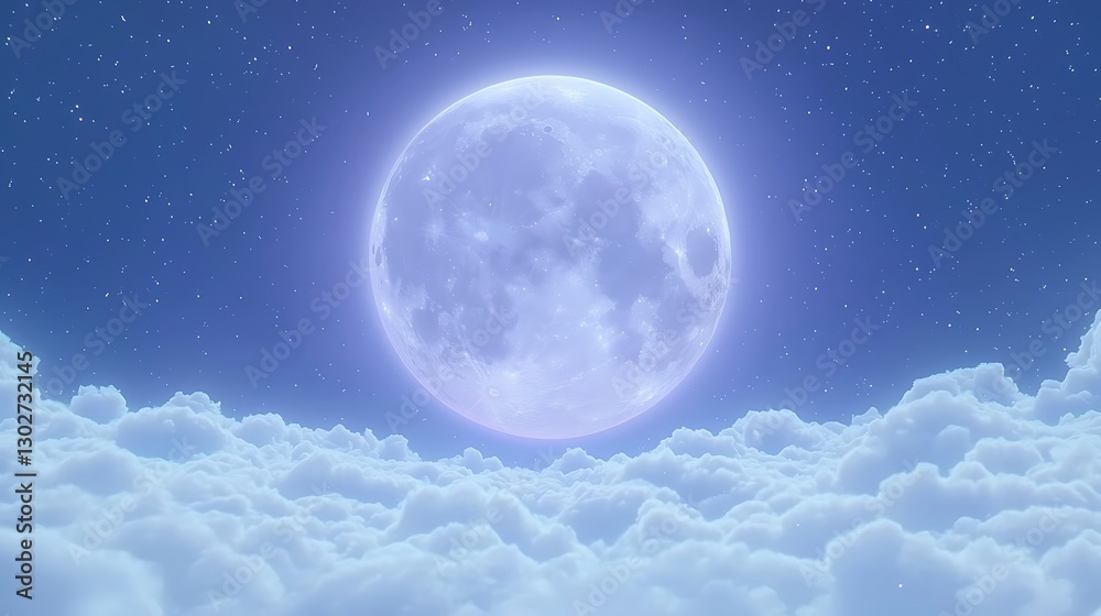 Full moon above clouds at night, dreamy sky, peaceful scene, background for design