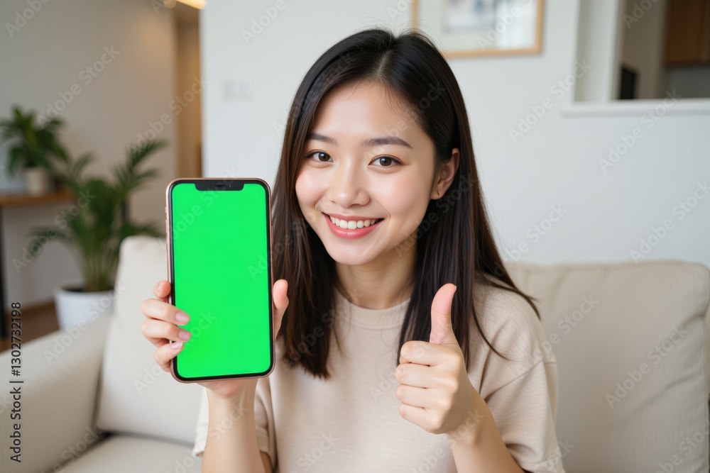 Smiling Asian Woman in a Casual Outfit Sitting on a Couch, Holding a Smartphone with a Green Screen and Giving a Thumbs-Up Gesture in a Cozy Living Room Setting Smiling Asian Woman in a Casual Outfit Sitting on a Couch, Holding a Smartphone with a Green Screen and Giving a Thumbs-Up Gesture in a Cozy Living Room Setting