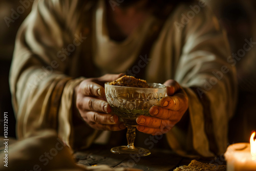Blessing of Bread and Wine by Jesus in Christian Holy Thursday ceremony of Last Supper before his sacrifice for mankind