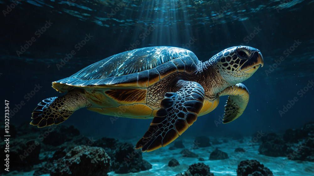 Fototapeta premium A majestic sea turtle swims gracefully through crystal-clear ocean waters, surrounded by coral and sunlight filtering down. A stunning representation of marine wildlife and underwater serenity