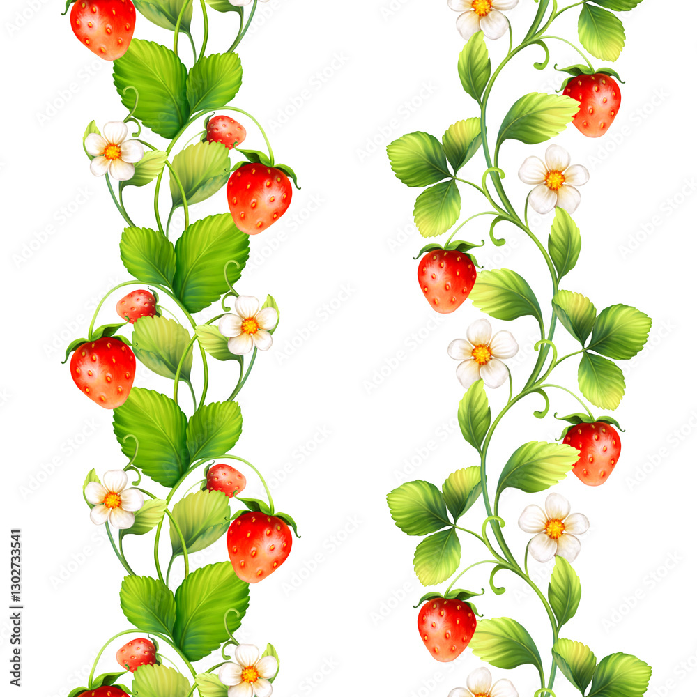 Fototapeta premium Strawberry with flowers, wild berries, leaves. Seamless decorative border on white background.