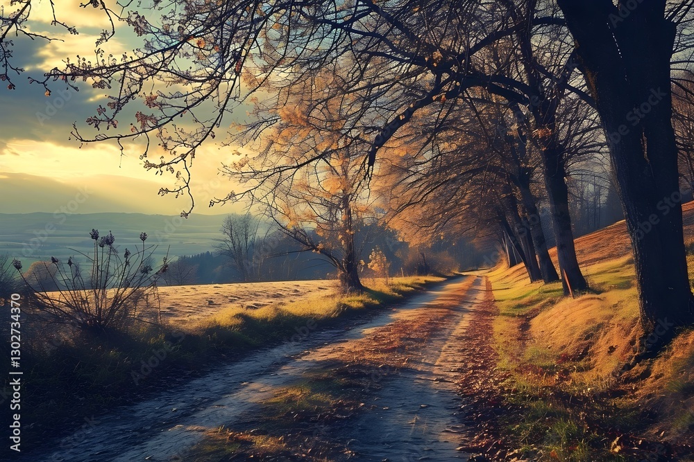Pathway to Serenity: A rustic dirt road winds through a serene landscape of trees, basking in the golden light of dawn or dusk, evoking a sense of peacefulness and the open road. Pathway to Serenity: A rustic dirt road winds through a serene landscape of trees, basking in the golden light of dawn or dusk, evoking a sense of peacefulness and the open road.