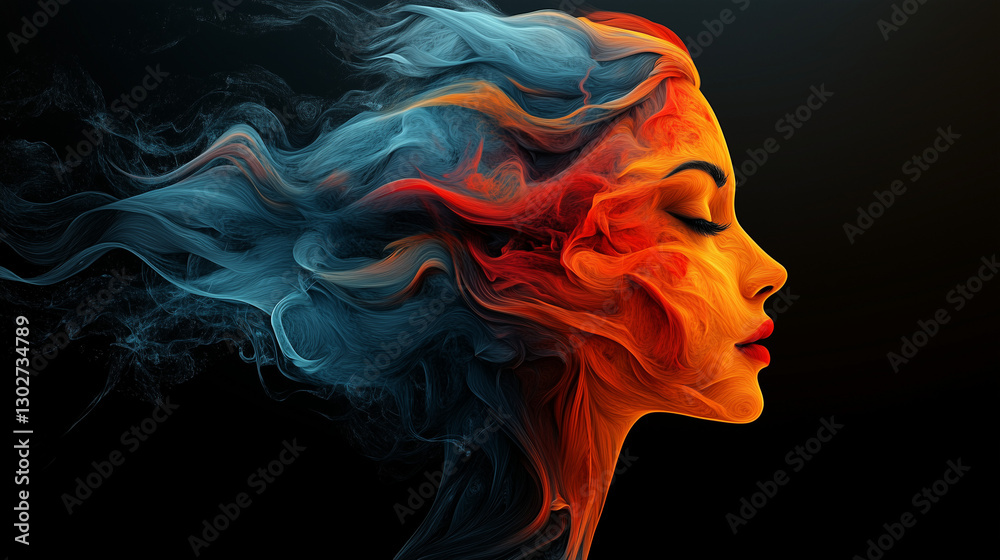 Abstract digital art of a woman's profile with flowing colorful fire and light, concept of creativity and transformation