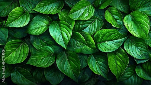 Lush green foliage backdrop; vibrant leaves texture; nature background; ideal for websites, design photo