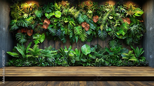 Lush green vertical garden wall, wooden floor, indoor setting, for interior design