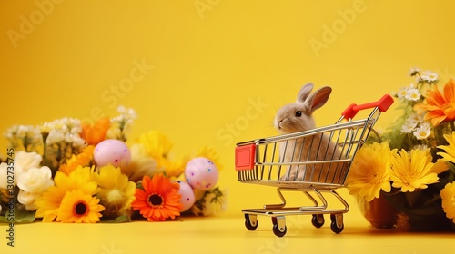 Cute bunny in shopping cart with flowers. photo