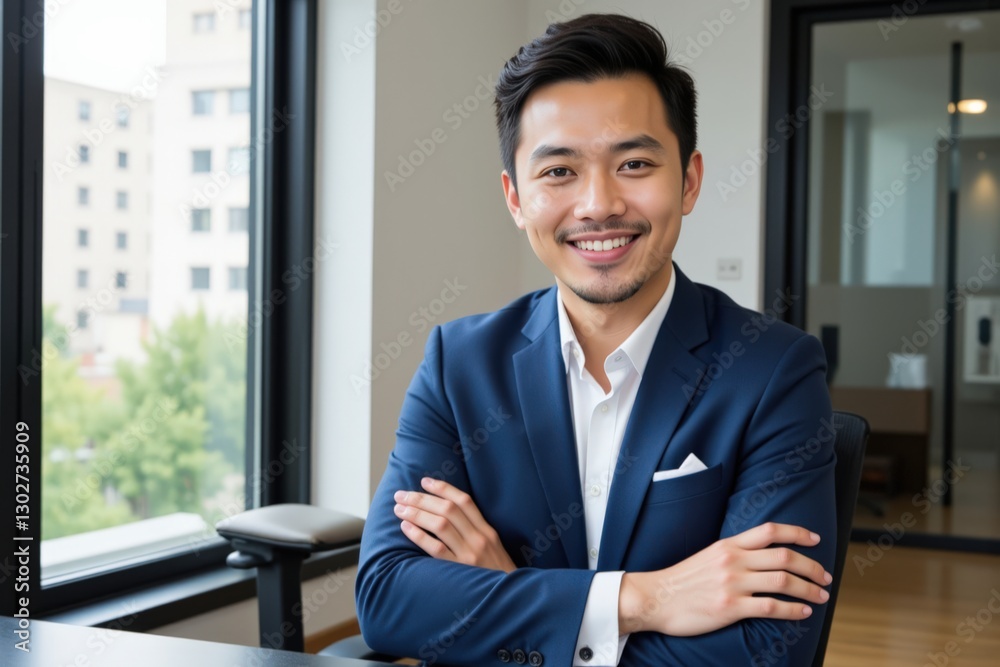 Confident Young Asian Male Professional Smiling at His Desk in Modern Office Setting with Natural Light Filtering Through Large Windows Confident Young Asian Male Professional Smiling at His Desk in Modern Office Setting with Natural Light Filtering Through Large Windows