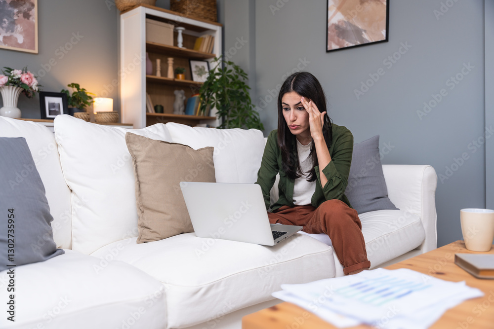 Concentrated millennial girl sit on couch working on laptop browsing internet at home during lazy weekend, focused young woman freelancer busy using computer surfing wireless web shopping online Concentrated millennial girl sit on couch working on laptop browsing internet at home during lazy weekend, focused young woman freelancer busy using computer surfing wireless web shopping online