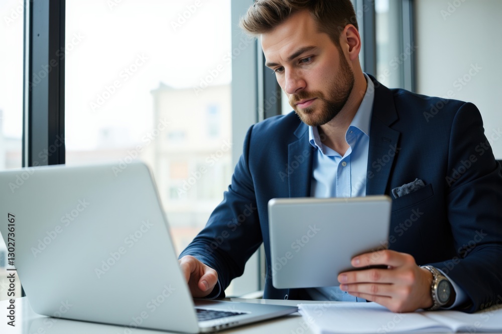 Focused Young Caucasian Male Professional in Formal Attire Working on Laptop and Tablet at a Contemporary Office Desk with Large Windows Overlooking Cityscape Focused Young Caucasian Male Professional in Formal Attire Working on Laptop and Tablet at a Contemporary Office Desk with Large Windows Overlooking Cityscape
