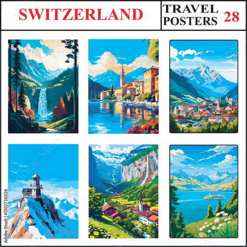 Switzerland Seerenbach Falls Ascona Sion Travel Poster Wall Art Print Collection Set Part 28