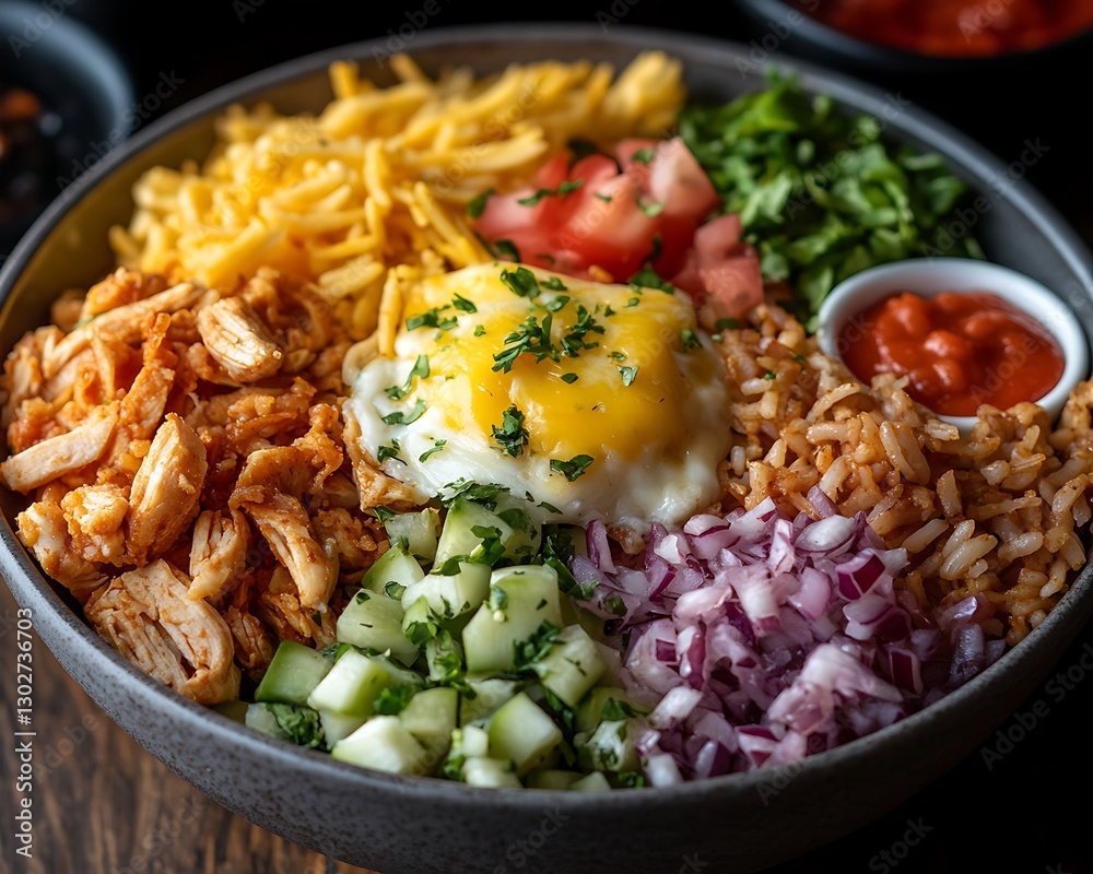 Bowl with fried egg and fresh toppings on wood Bowl with fried egg and fresh toppings on wood