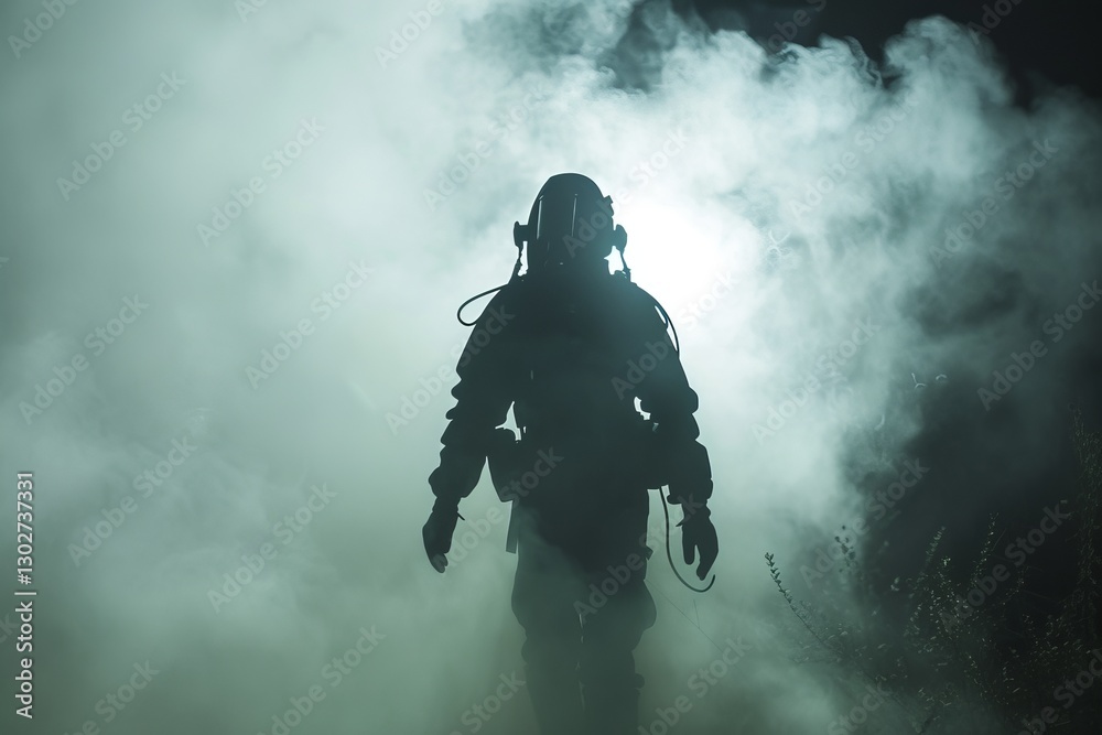 A thought-provoking image capturing a silhouette of a person in protective gear, standing amidst a fog of eco-friendly pest control spray. The soft, diffused lighting creates an ethereal atmosphere A thought-provoking image capturing a silhouette of a person in protective gear, standing amidst a fog of eco-friendly pest control spray. The soft, diffused lighting creates an ethereal atmosphere