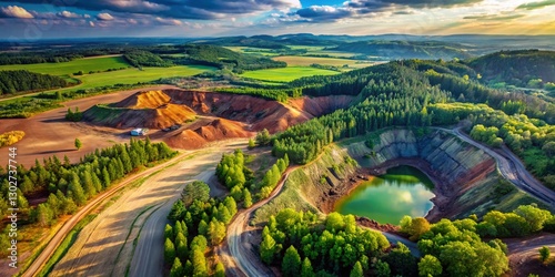 Recultivated Mine Landscape in Western Bohemia, Czech Republic: Aerial View Showing Nature's Regeneration After Mining photo