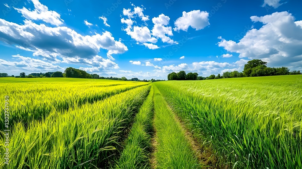 Fototapeta premium Sunny Green Wheat Field Path Summer - Nature photography