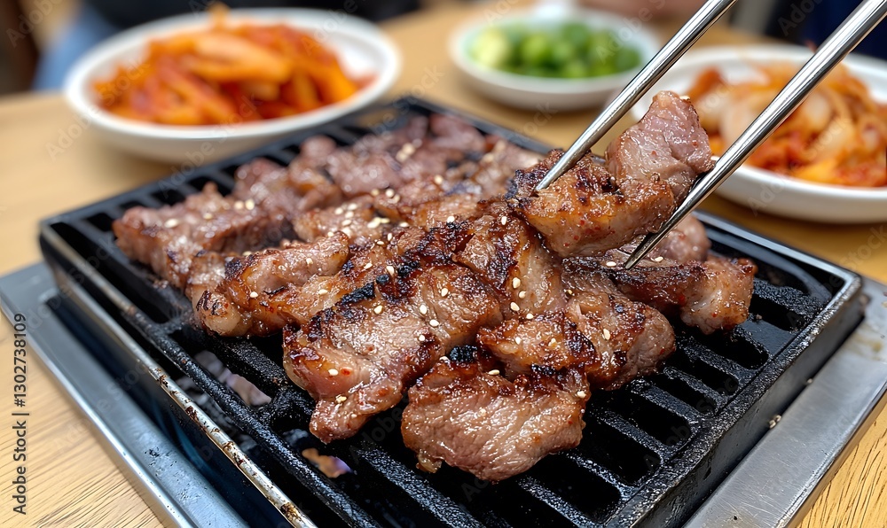A lively Korean barbecue restaurant scene with marinated meat sizzling on tabletop grills. Generative AI A lively Korean barbecue restaurant scene with marinated meat sizzling on tabletop grills. Generative AI